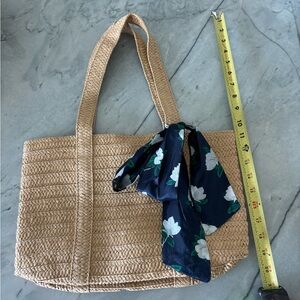 Draper James Elegant Tan Woven Tote Bag with Floral Scarf